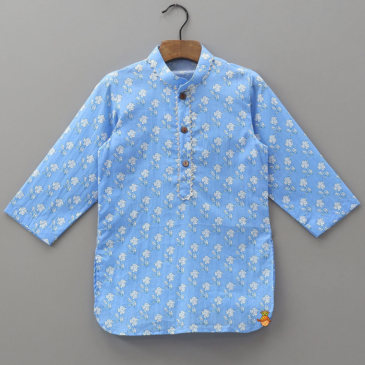 Pre Order: Gota Lace Detailed Powder Blue Ethnic Kurta With Floral Printed Jacket And Pyjama