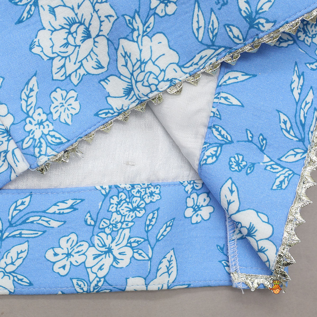 Pre Order: Gota Lace Detailed Powder Blue Ethnic Kurta With Floral Printed Jacket And Pyjama