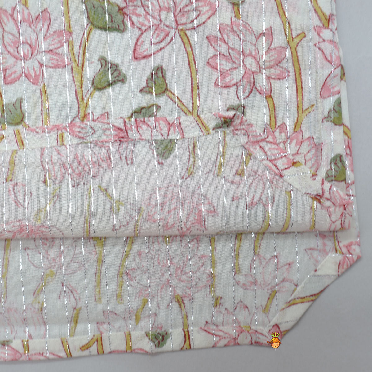 Pre Order: Lurex Striped Hand Block Floral Printed Stylish Pink Kurta And Dhoti