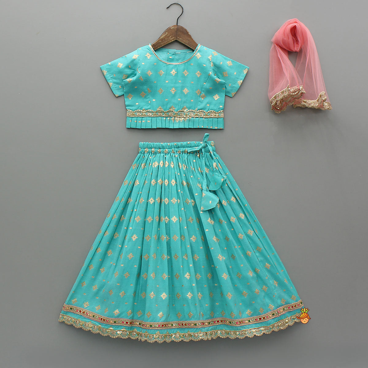 Pre Order: Chanderi Embroidered Teal Green Top And Lehenga With Contrasting Dupatta