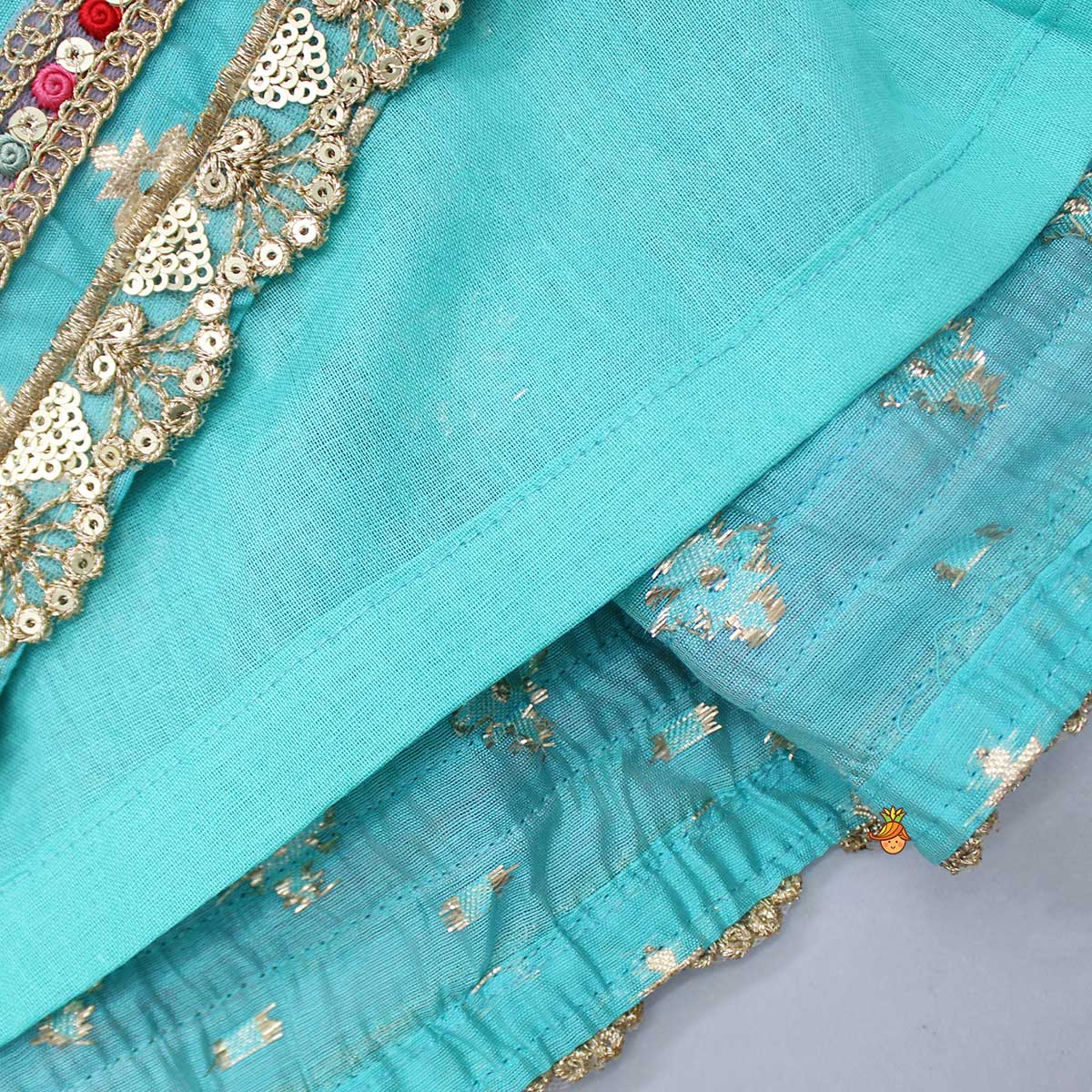 Pre Order: Chanderi Embroidered Teal Green Top And Lehenga With Contrasting Dupatta