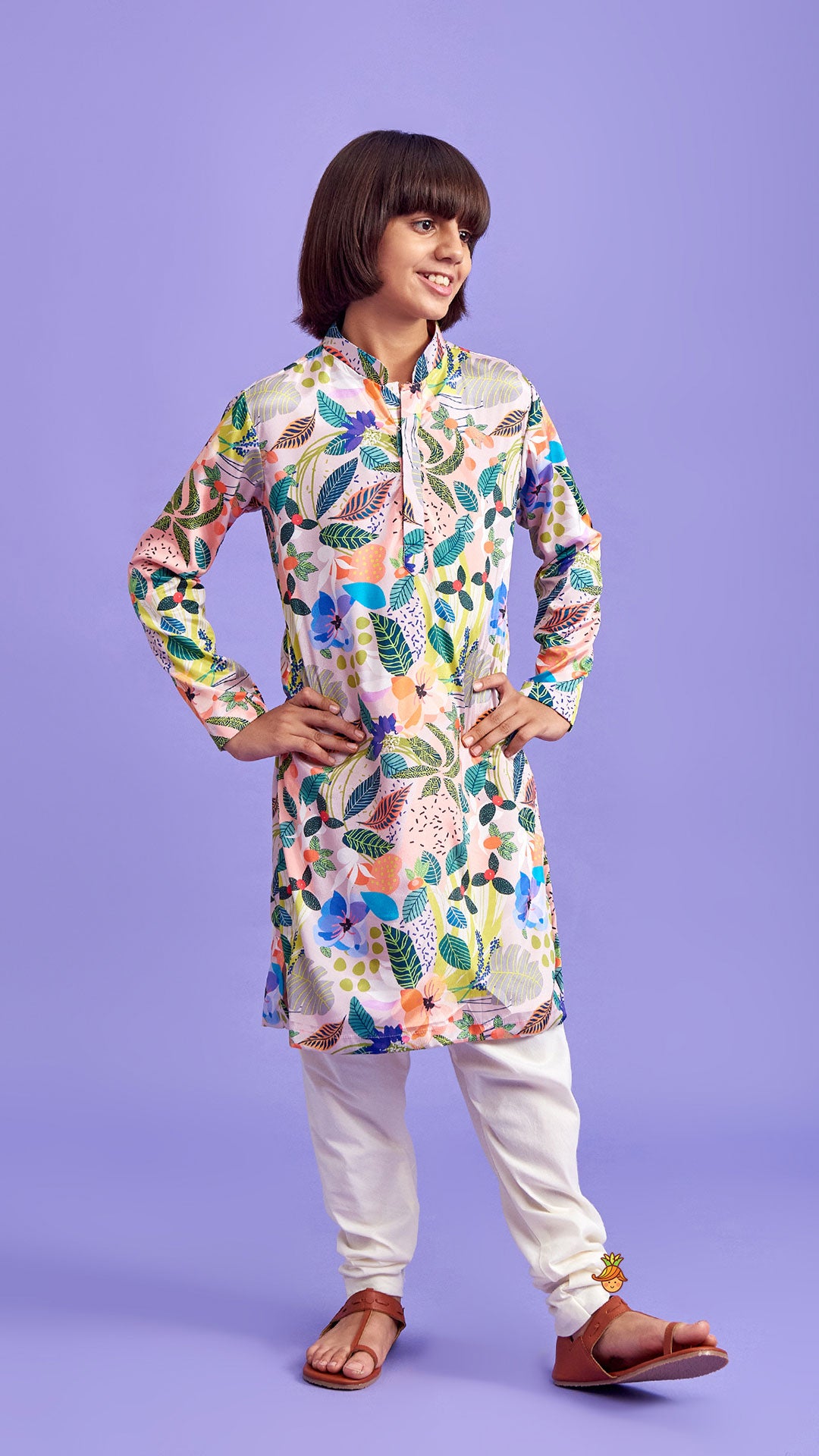 Pre Order: Multicolour Leaves Printed Ethnic Kurta And Churidar