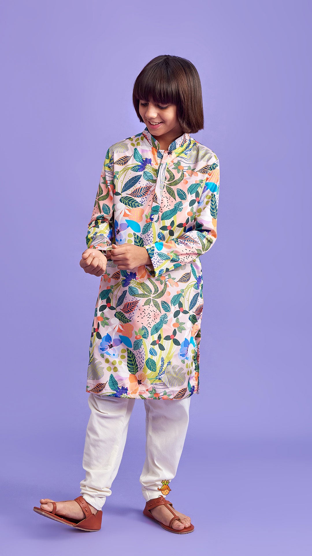 Pre Order: Multicolour Leaves Printed Ethnic Kurta And Churidar