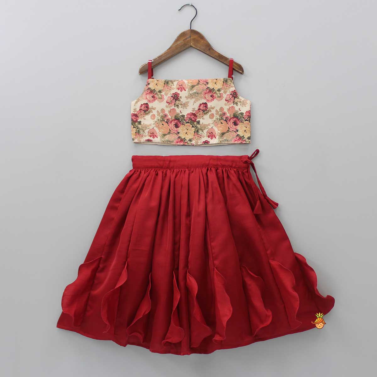 Pre Order: Floral Printed Top And Stylish Pleated Maroon Lehenga