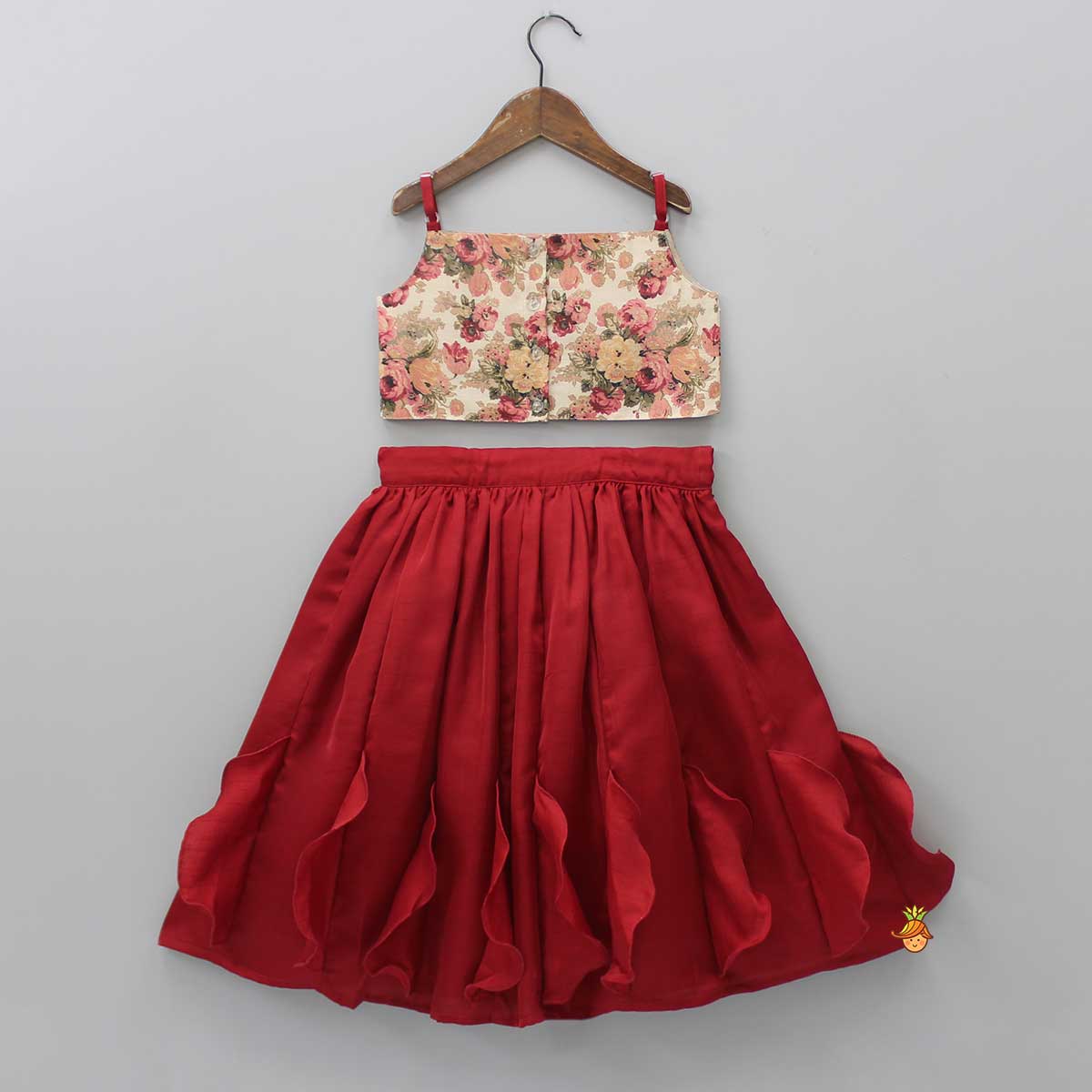 Pre Order: Floral Printed Top And Stylish Pleated Maroon Lehenga