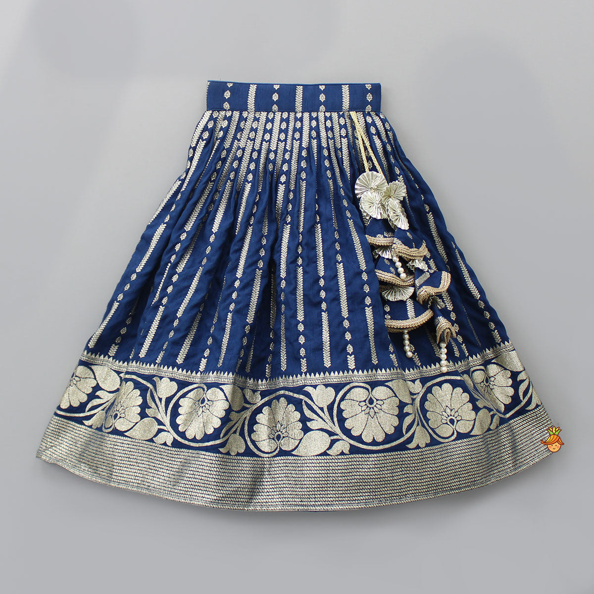 Pre Order: Floral Embroidered Blue Top And Lehenga With Matching Net Dupatta And Potli Bag