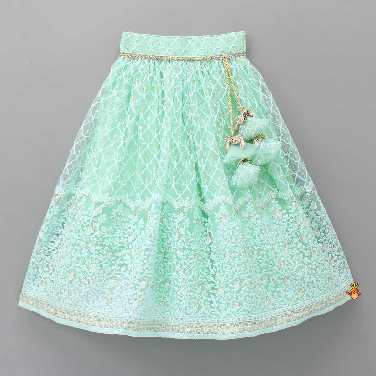 Pre Order: Sequins Thread Embroidered Mint Green Top And Lehenga With Net Dupatta And Potli Bag