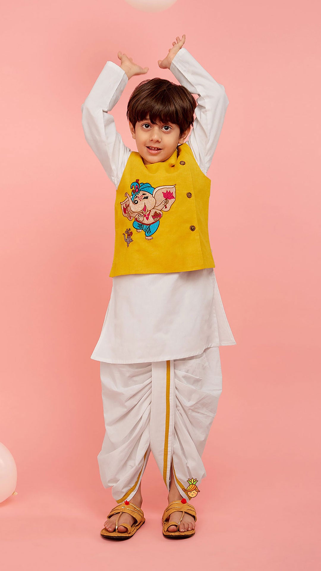Cute Ganesh Thread Embroidered Jacket With Kurta And Dhoti