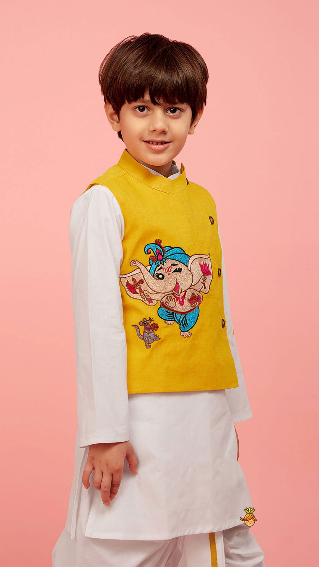 Cute Ganesh Thread Embroidered Jacket With Kurta And Dhoti