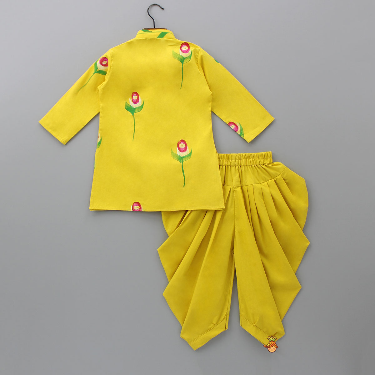 Flower And Leaf Printed Mustard Yellow Kurta And Dhoti