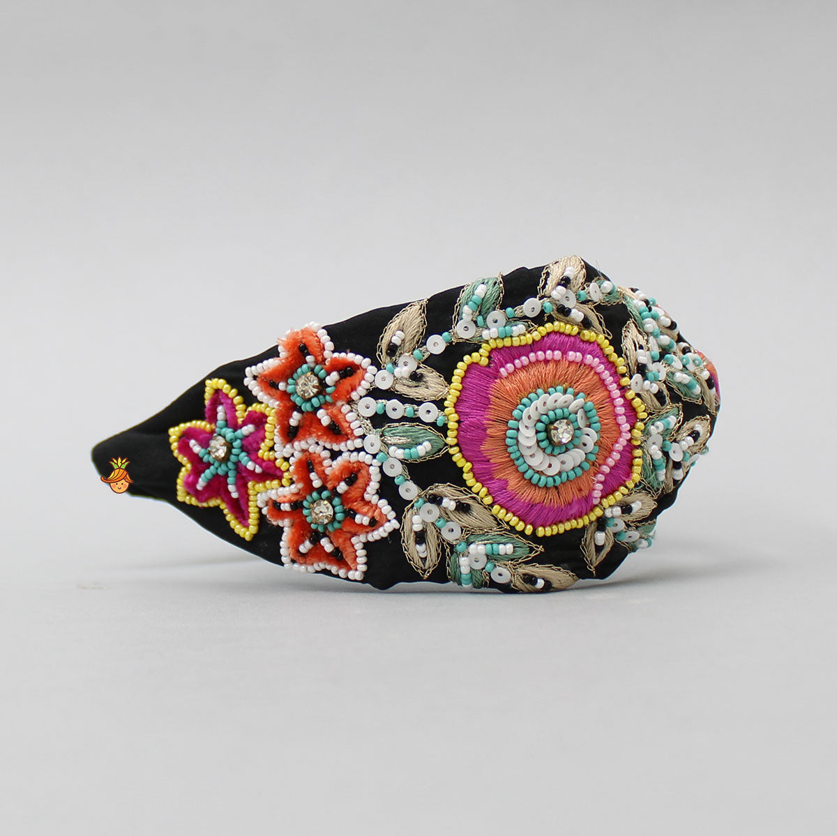 Intricate Multicolour Thread And Beads Embroidered Black Fancy Hair Band