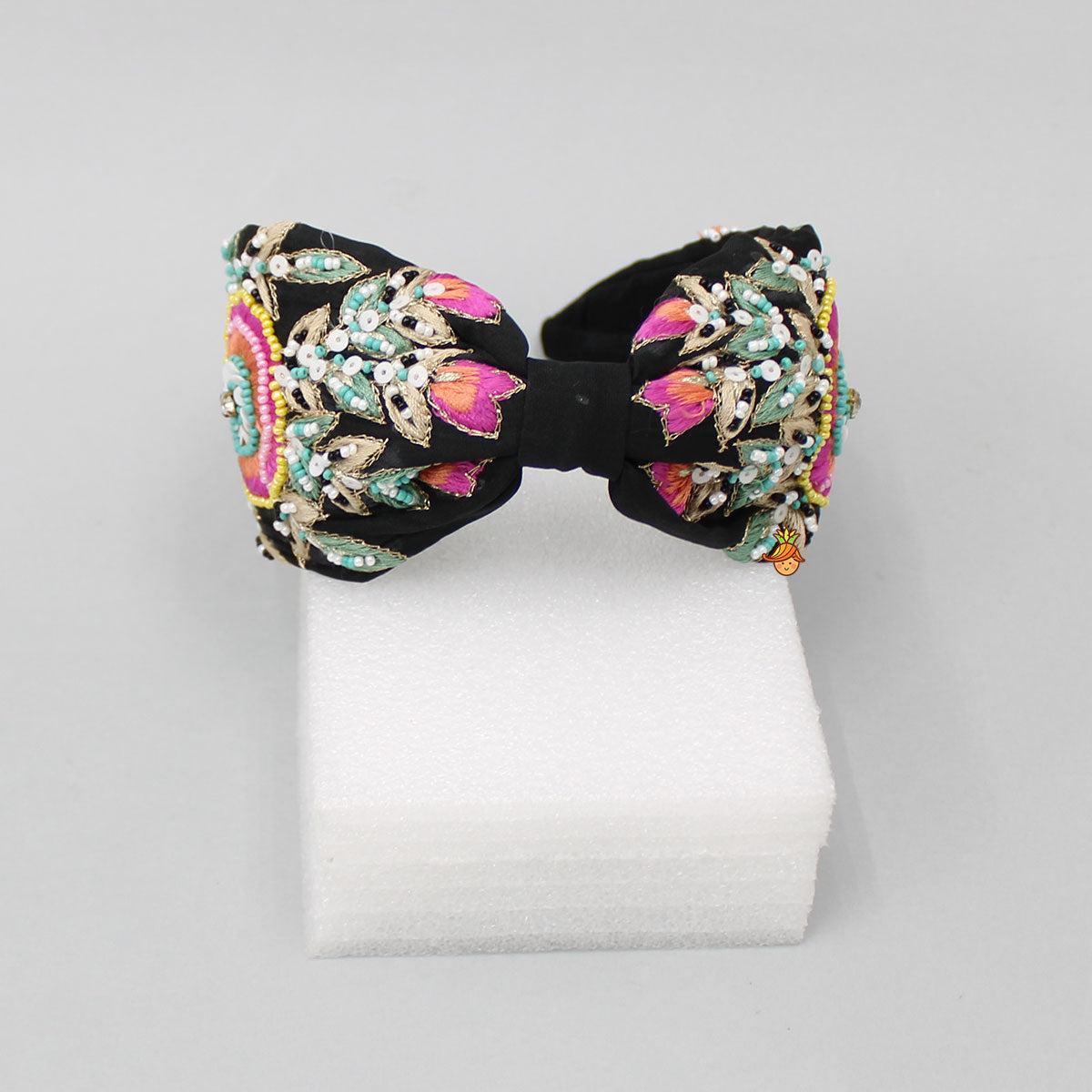 Intricate Multicolour Thread And Beads Embroidered Black Fancy Hair Band