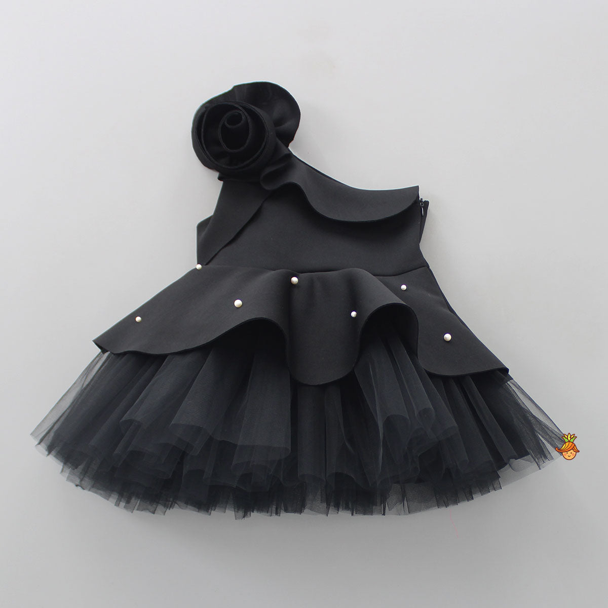 Pre Order: Exquisite Pearls And Rose Embellished Frilly Black Scuba Dress