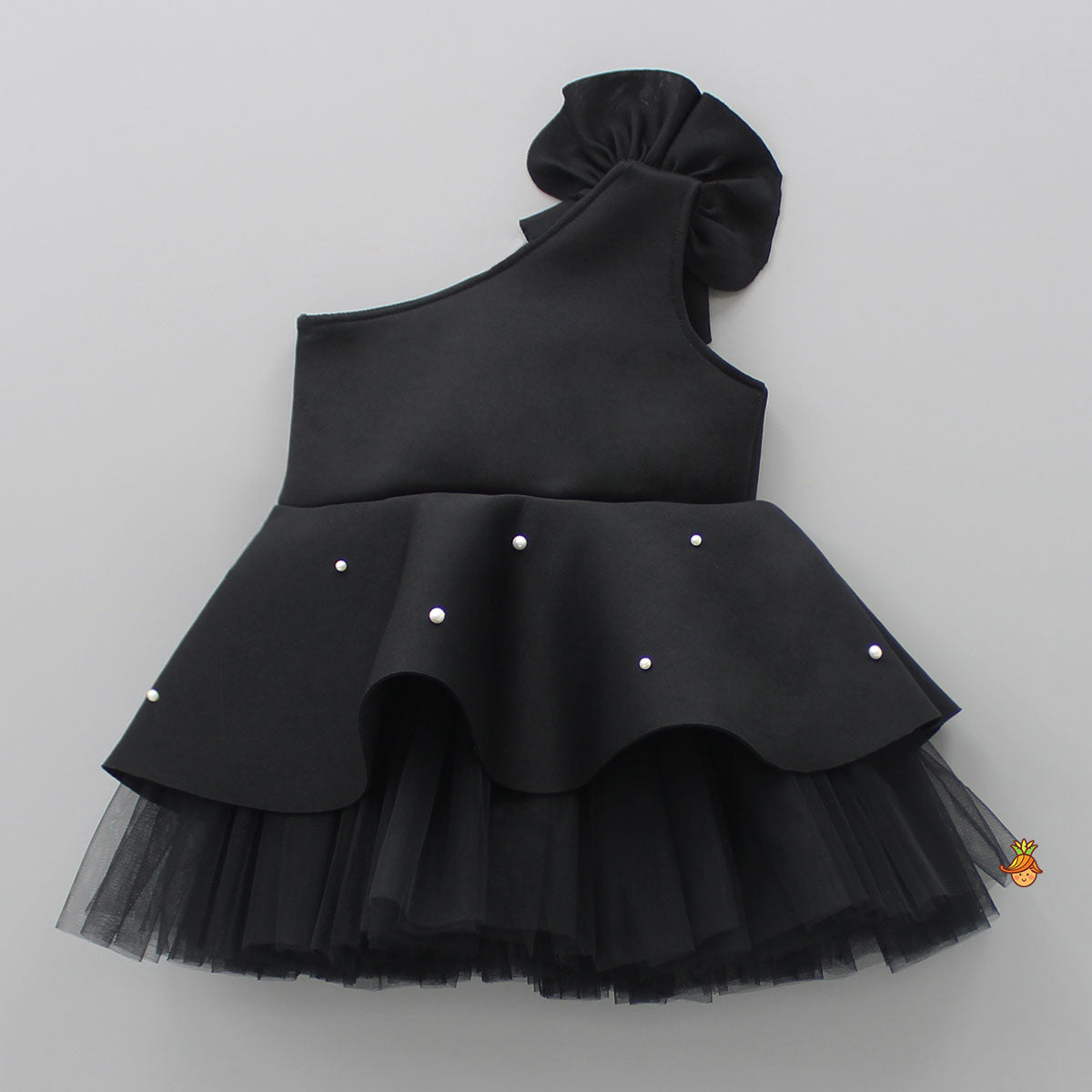 Pre Order: Exquisite Pearls And Rose Embellished Frilly Black Scuba Dress