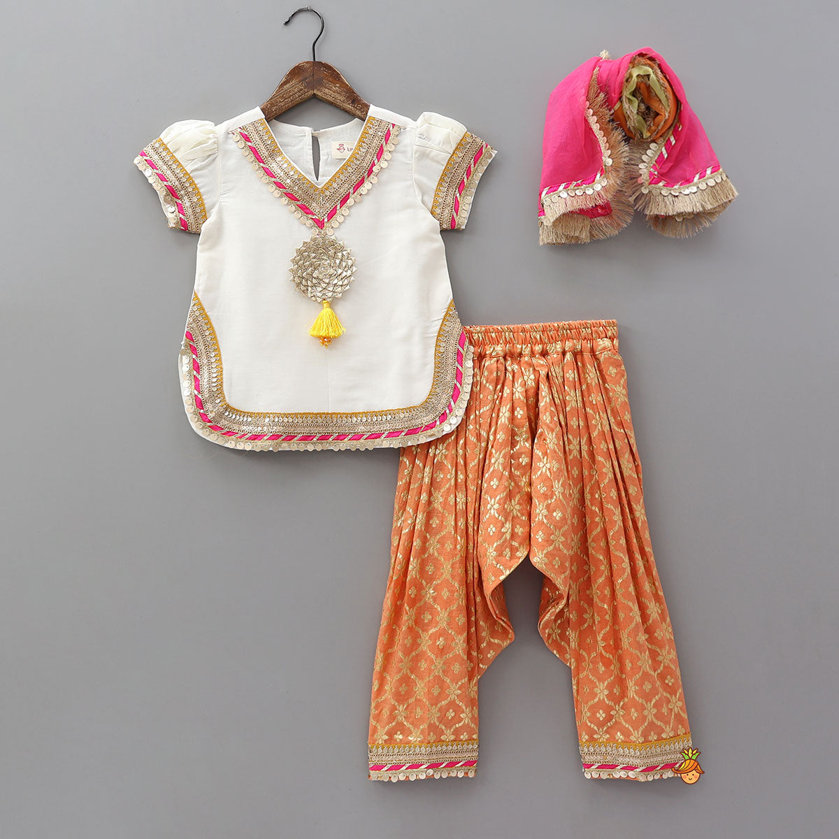 Pre Order: Gota Work Off White Top And Chanderi Embroidered Orange Patiala With Fringes Detailed Dupatta