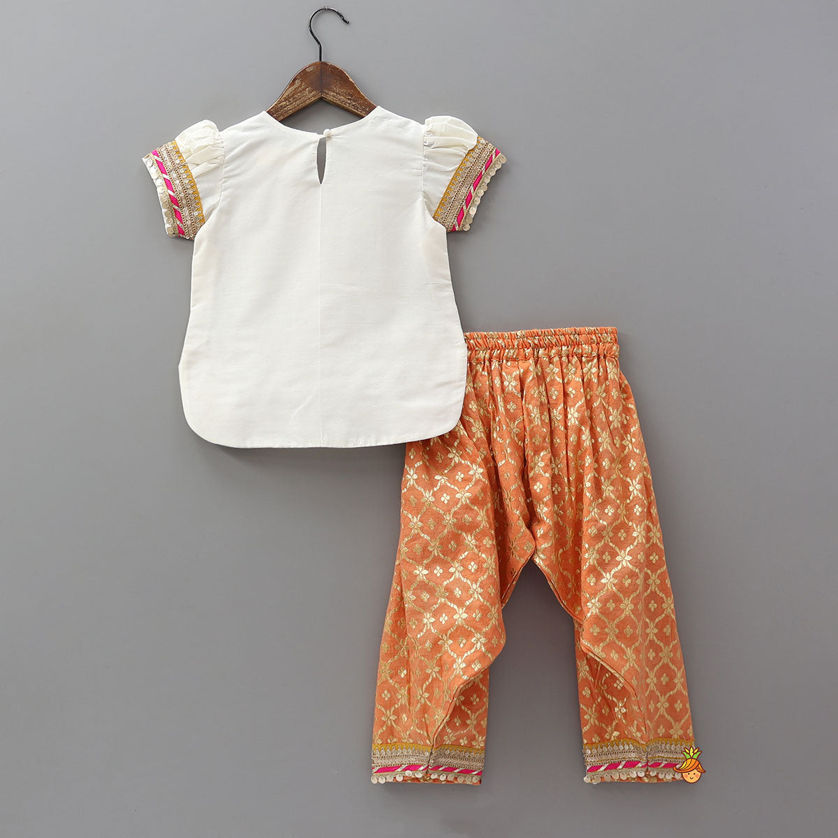 Pre Order: Gota Work Off White Top And Chanderi Embroidered Orange Patiala With Fringes Detailed Dupatta