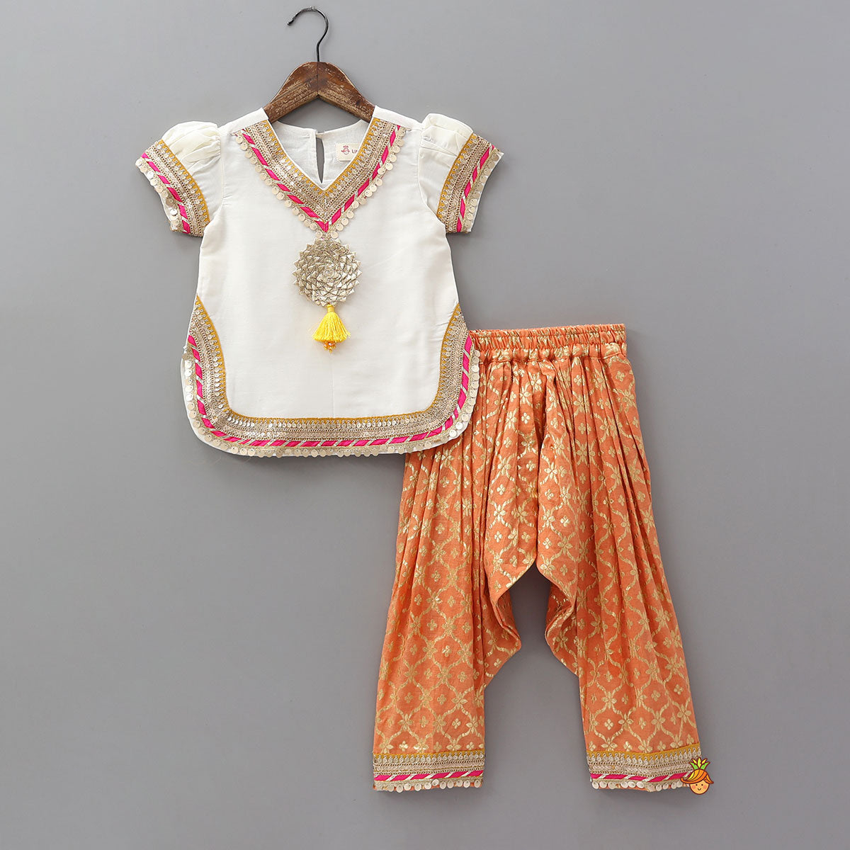 Pre Order: Gota Work Off White Top And Chanderi Embroidered Orange Patiala With Fringes Detailed Dupatta