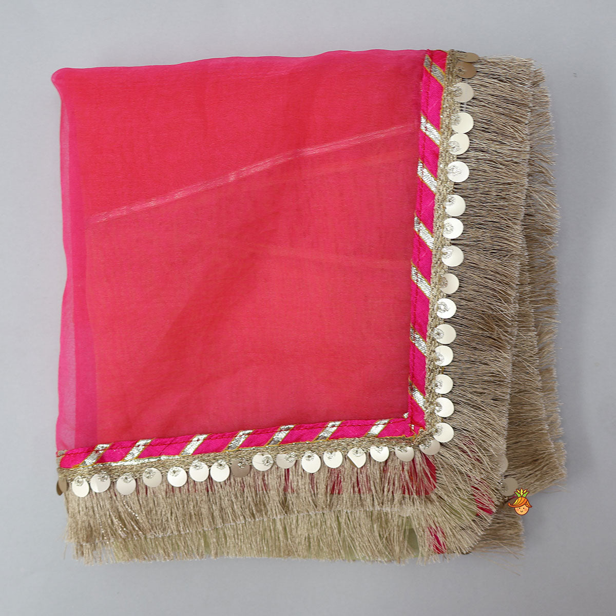 Pre Order: Gota Work Off White Top And Chanderi Embroidered Orange Patiala With Fringes Detailed Dupatta
