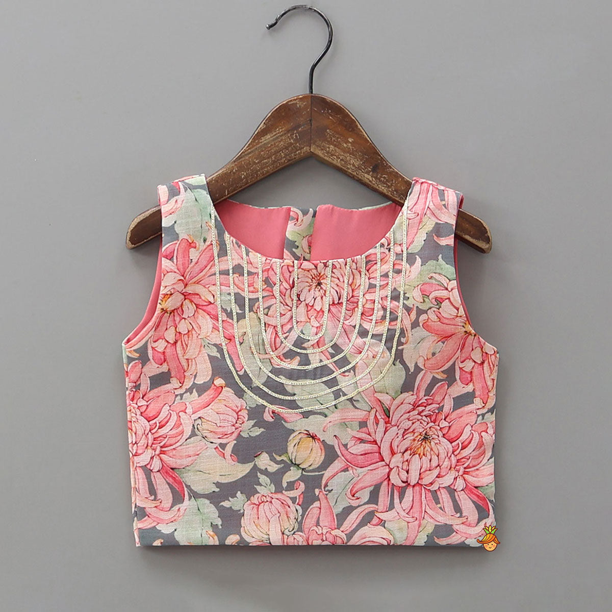 Linen Floral Top With Pleated Lehenga And Matching Net Lace Work Dupatta