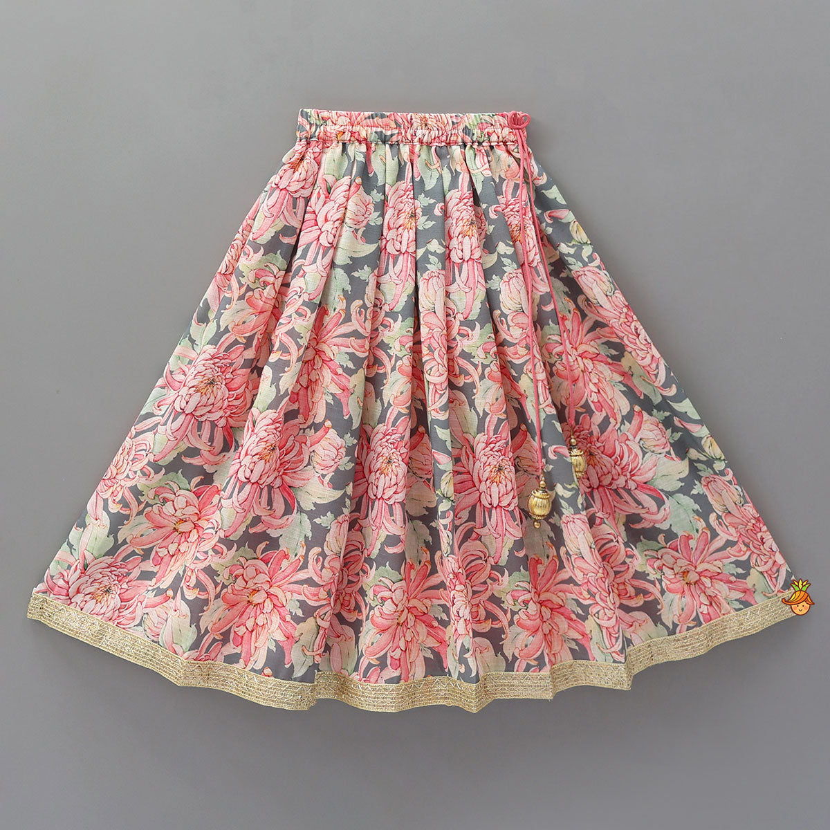 Linen Floral Top With Pleated Lehenga And Matching Net Lace Work Dupatta