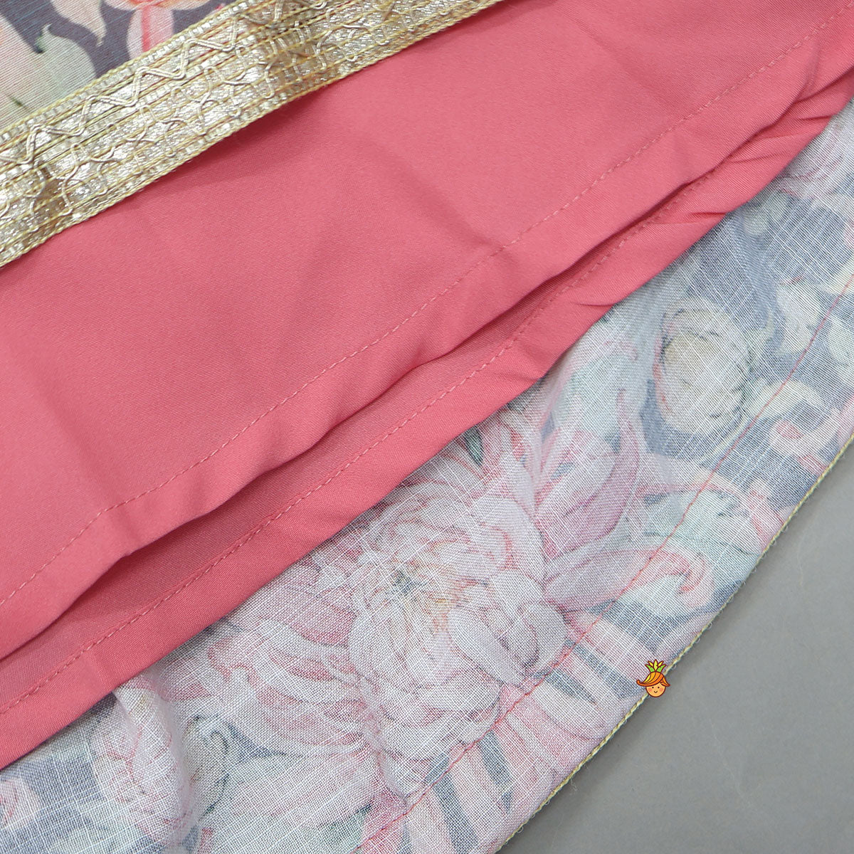 Linen Floral Top With Pleated Lehenga And Matching Net Lace Work Dupatta