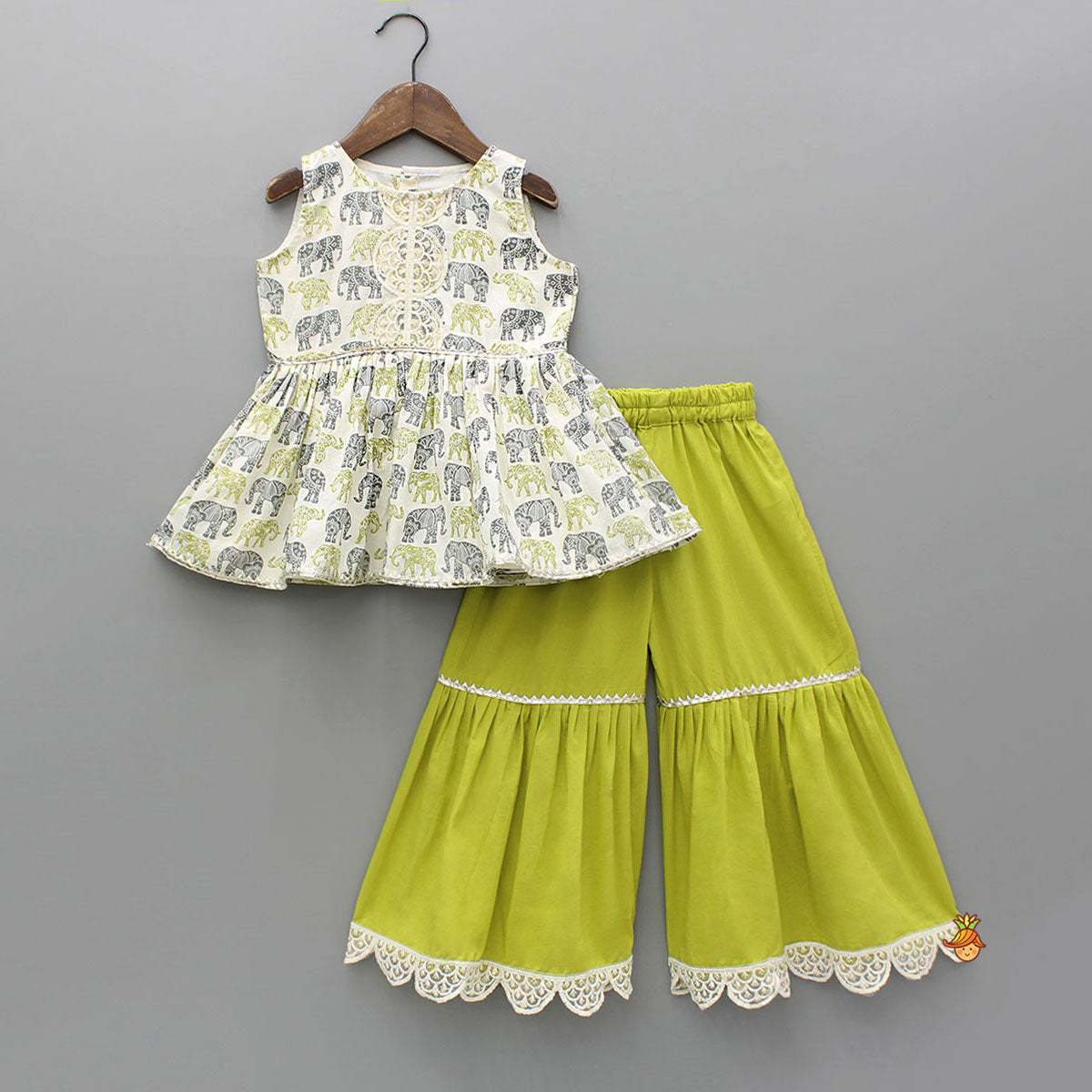 Pre Order: Elephant Hand Block Printed Kurti And Scalloped Lace Work Lime Green Sharara