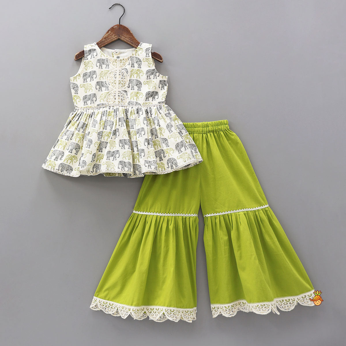 Pre Order: Elephant Hand Block Printed Kurti And Scalloped Lace Work Sharara