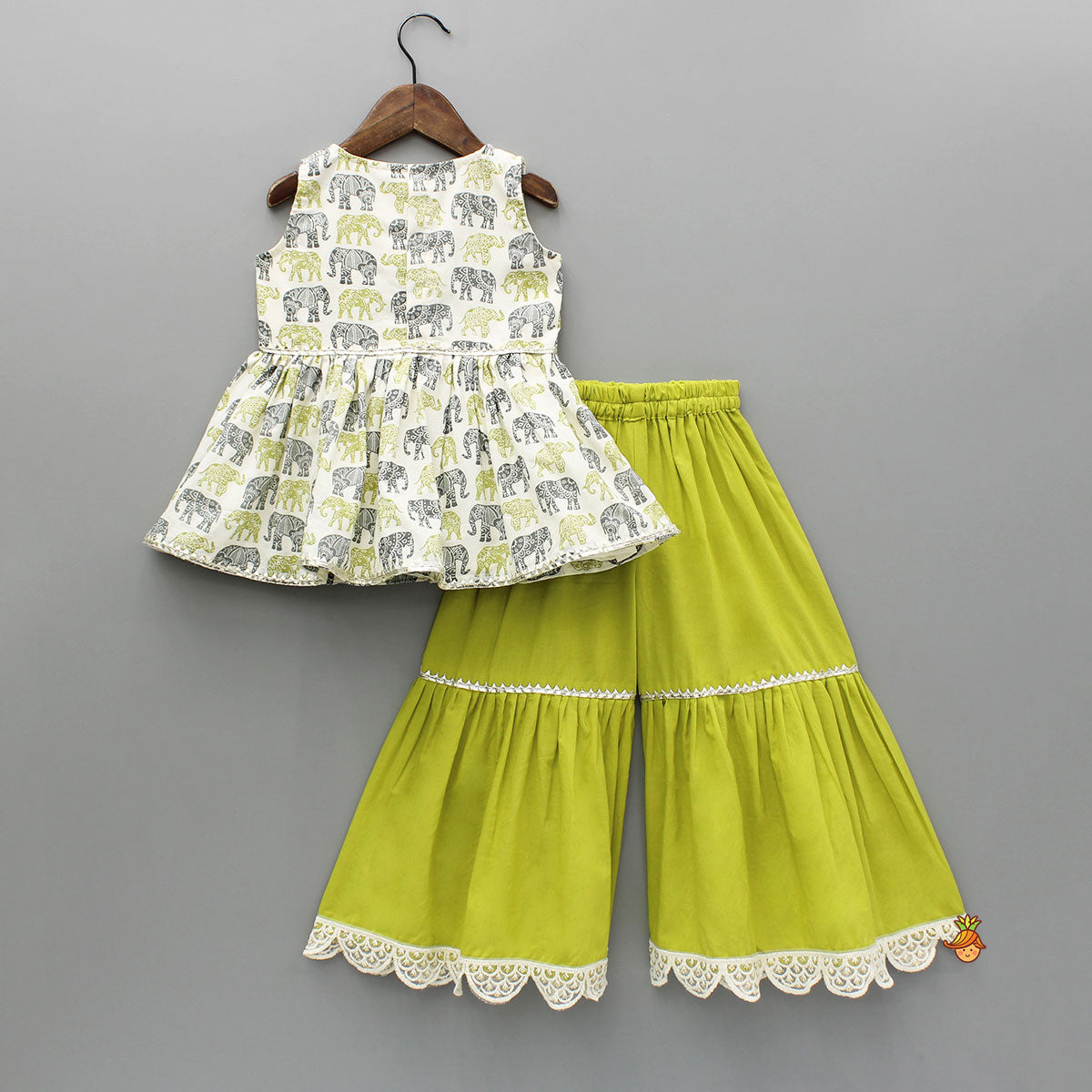 Pre Order: Elephant Hand Block Printed Kurti And Scalloped Lace Work Lime Green Sharara