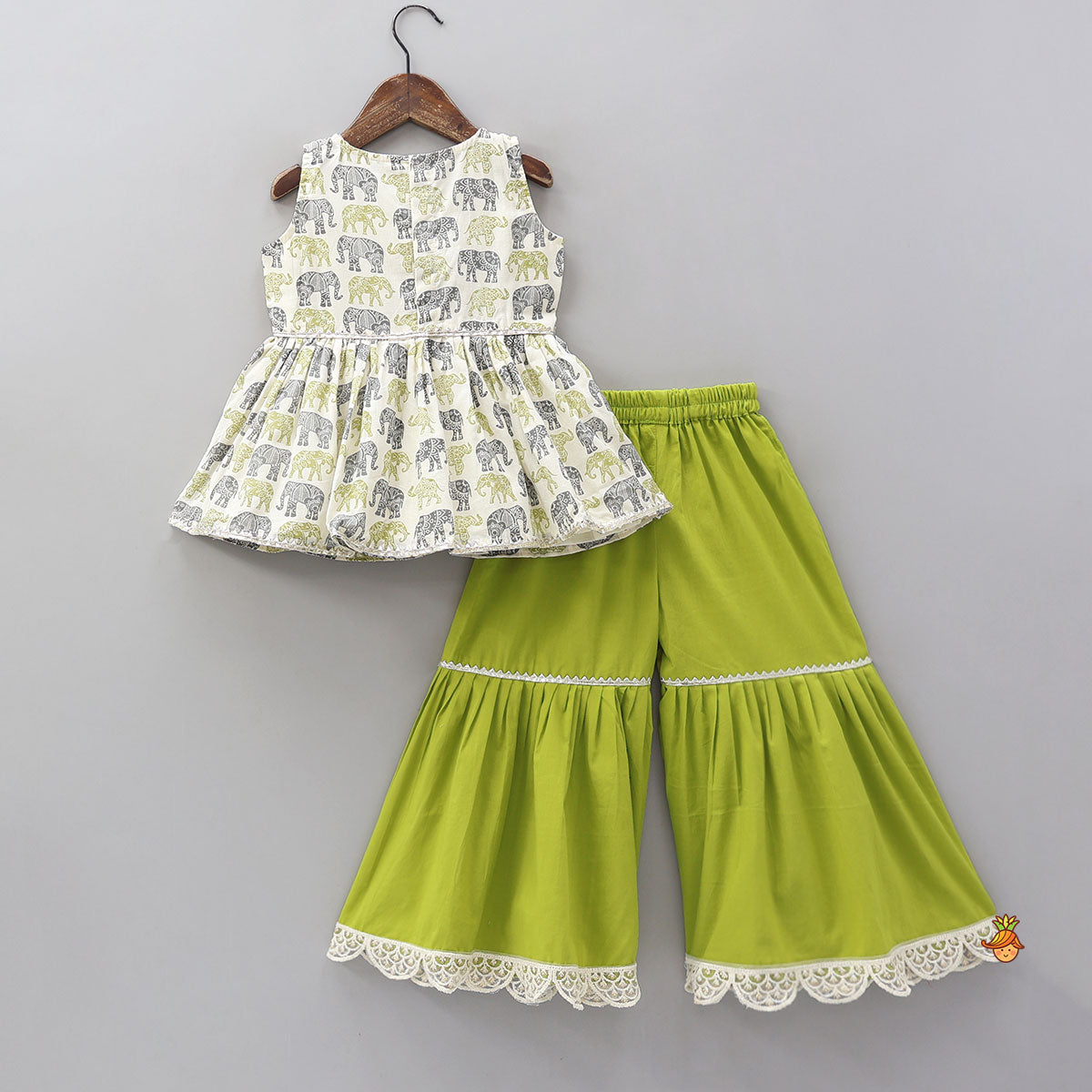 Pre Order: Elephant Hand Block Printed Kurti And Scalloped Lace Work Sharara