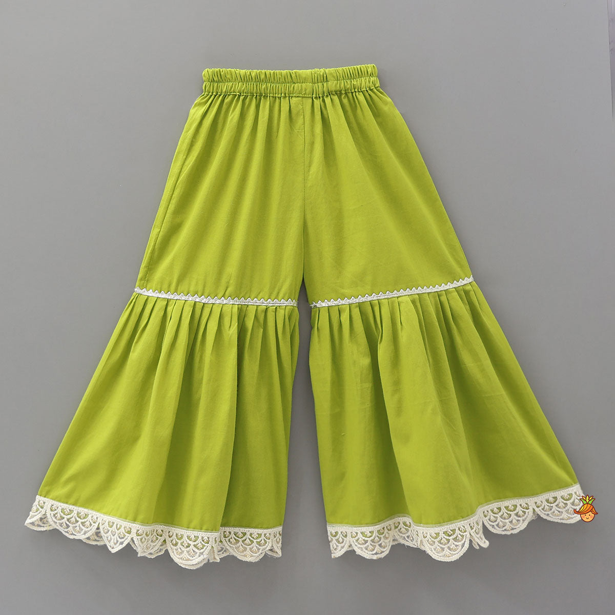Pre Order: Elephant Hand Block Printed Kurti And Scalloped Lace Work Sharara