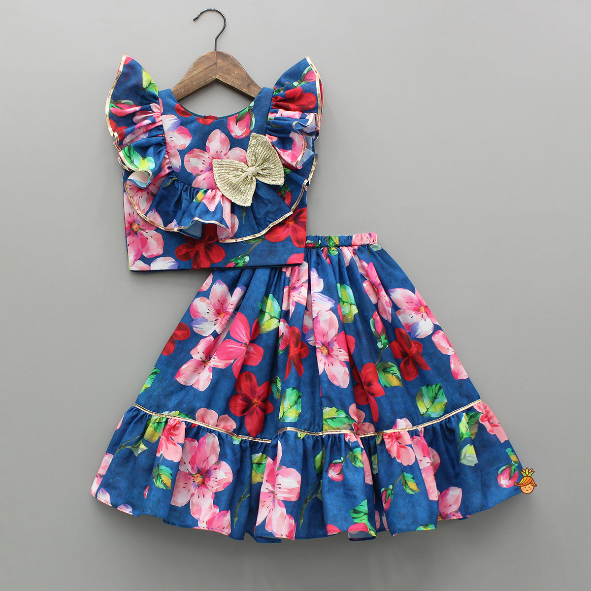 Adorable Bow Enhanced Floral Printed Navy Blue Top And Lehenga