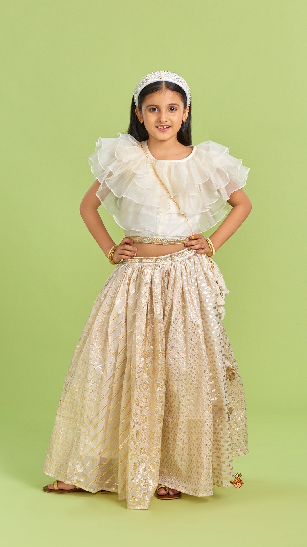 Pre Order: Organza Off White Frilly Top And Chanderi Embroidered Lehenga