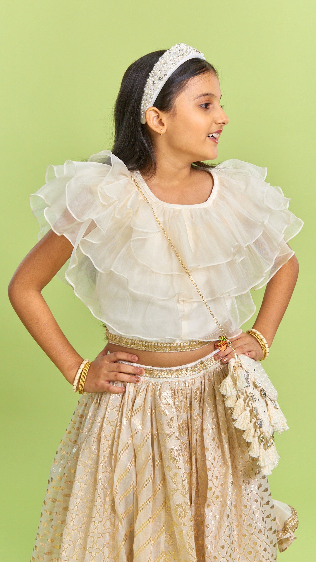 Pre Order: Organza Off White Frilly Top And Chanderi Embroidered Lehenga