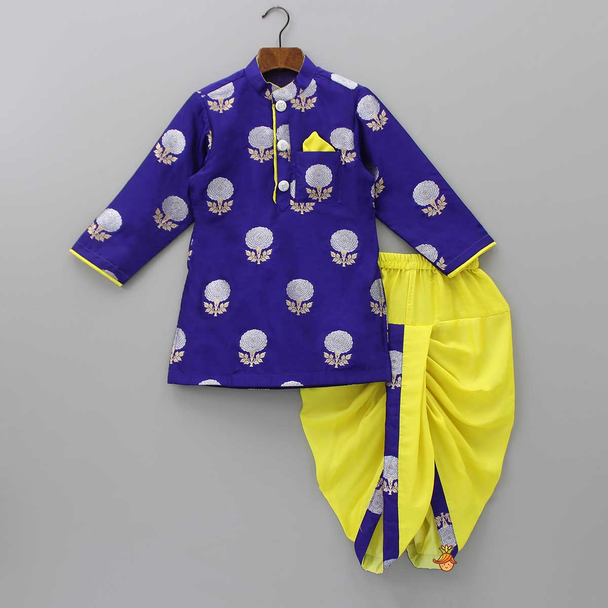 Pre Order: Glorious Purple Brocade Kurta And Yellow Dhoti