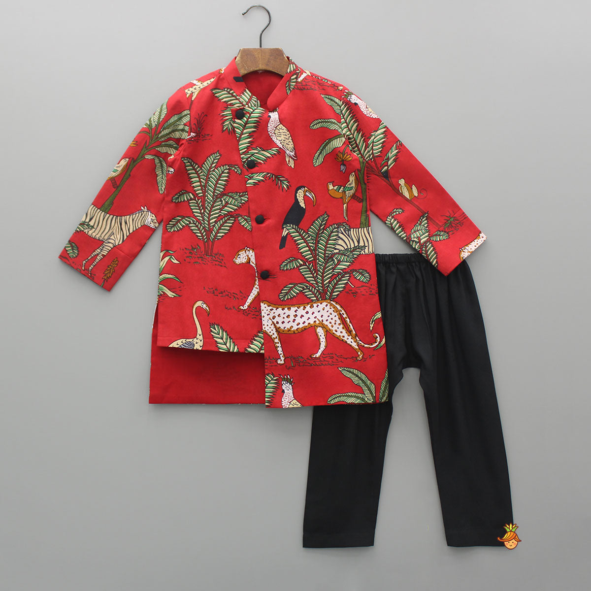 Pre Order: Crimson Red Jungle Theme Printed Asymmetric Kurta And Black Pyjama