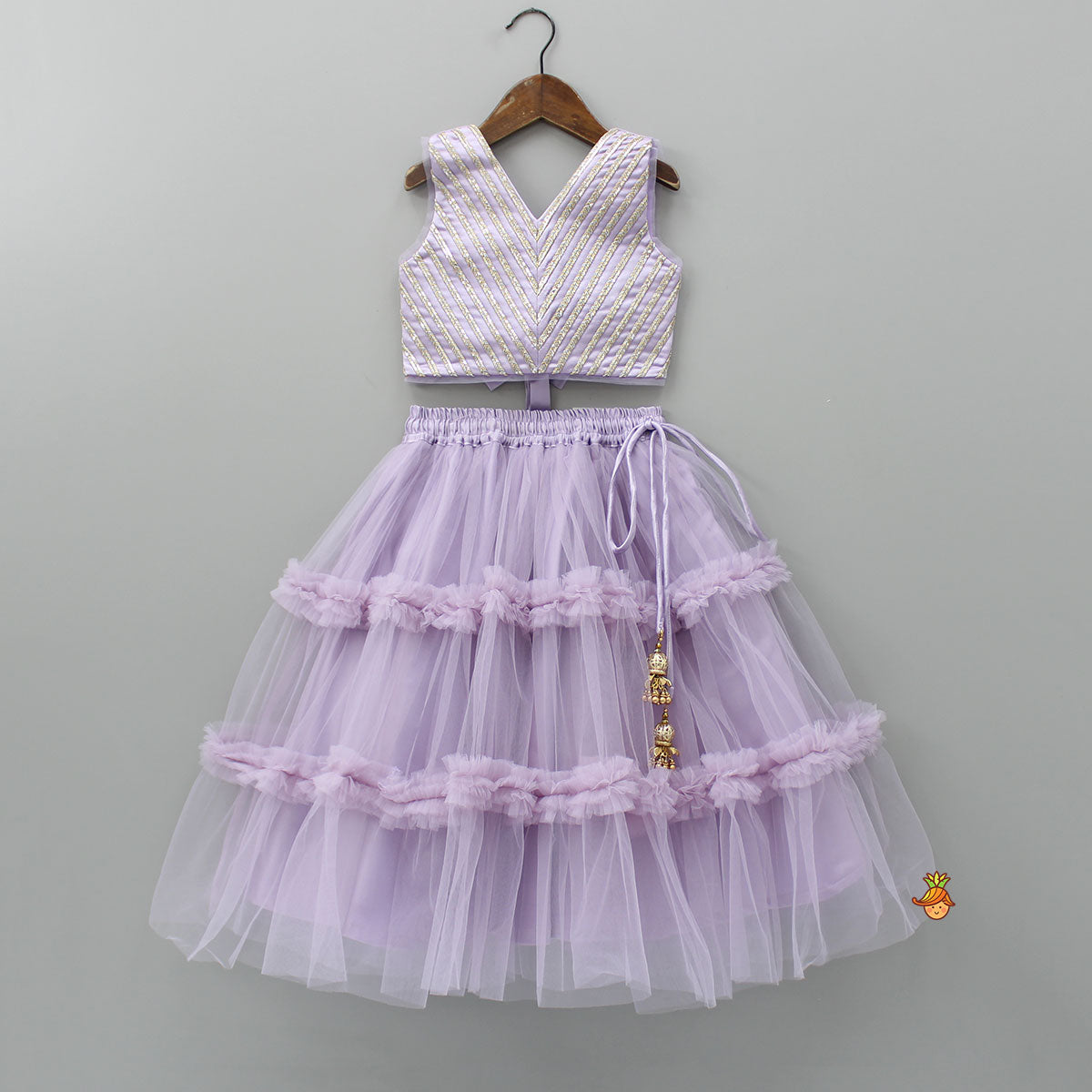 Pre Order: V Neck Sleeveless Lavender Top And Ruffle Frilly Lehenga