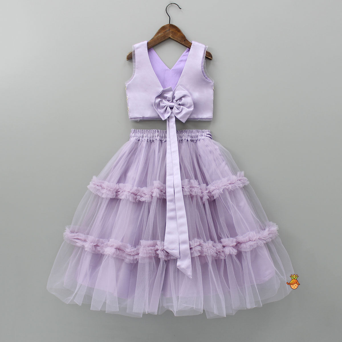 Pre Order: V Neck Sleeveless Lavender Top And Ruffle Frilly Lehenga