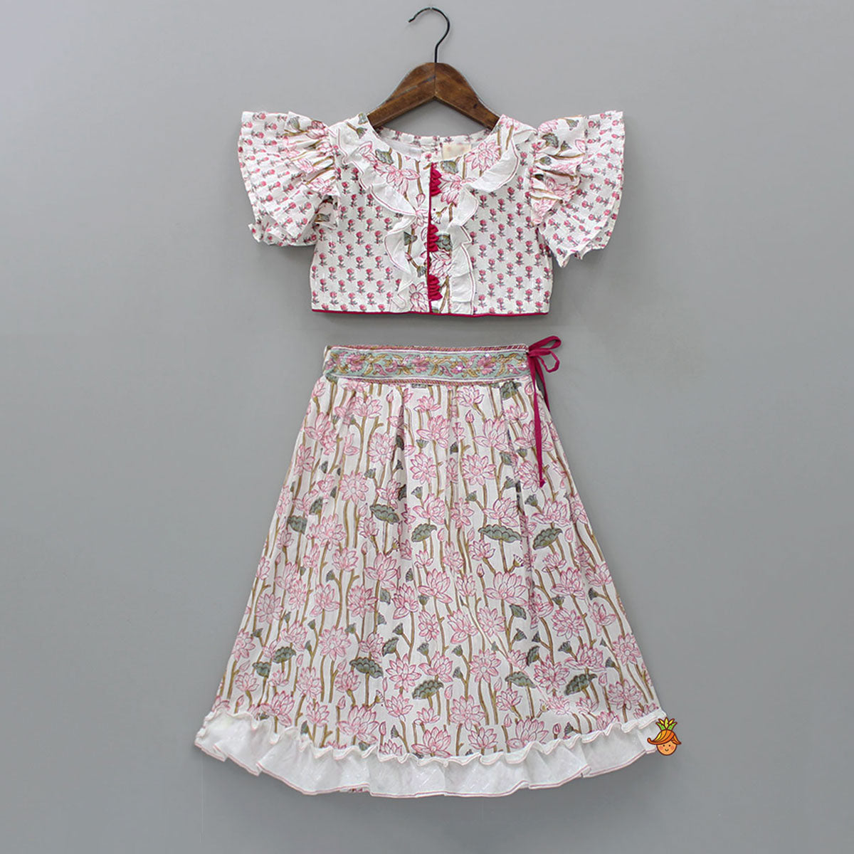 Pre Order: Hand Block Floral Printed Pink Frilly Sleeves Top And Lehenga