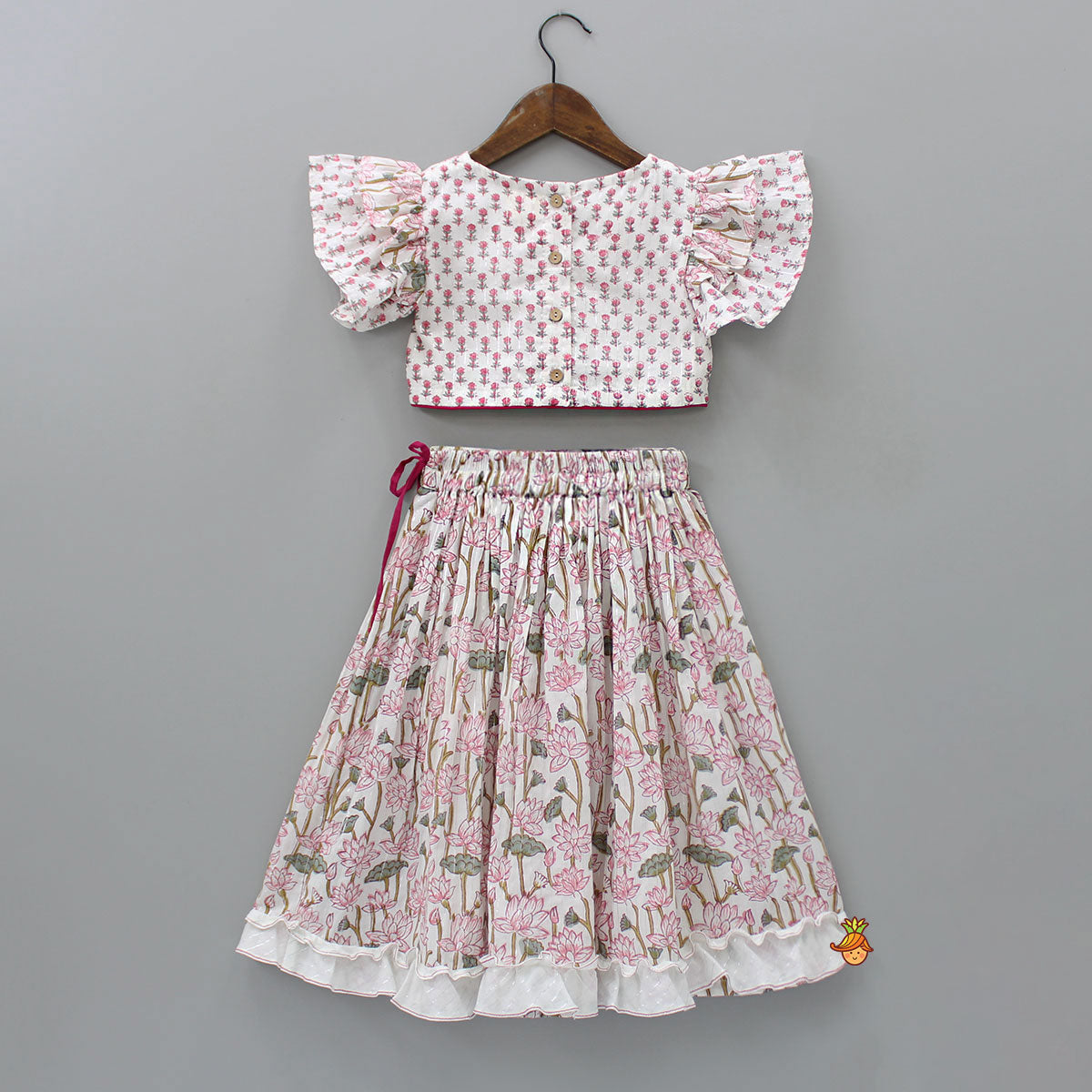 Pre Order: Hand Block Floral Printed Pink Frilly Sleeves Top And Lehenga