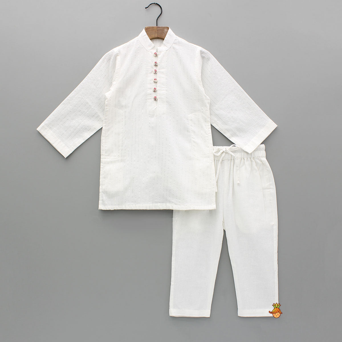 Pre Order: Cotton Lurex Striped White Kurta And Pyjama