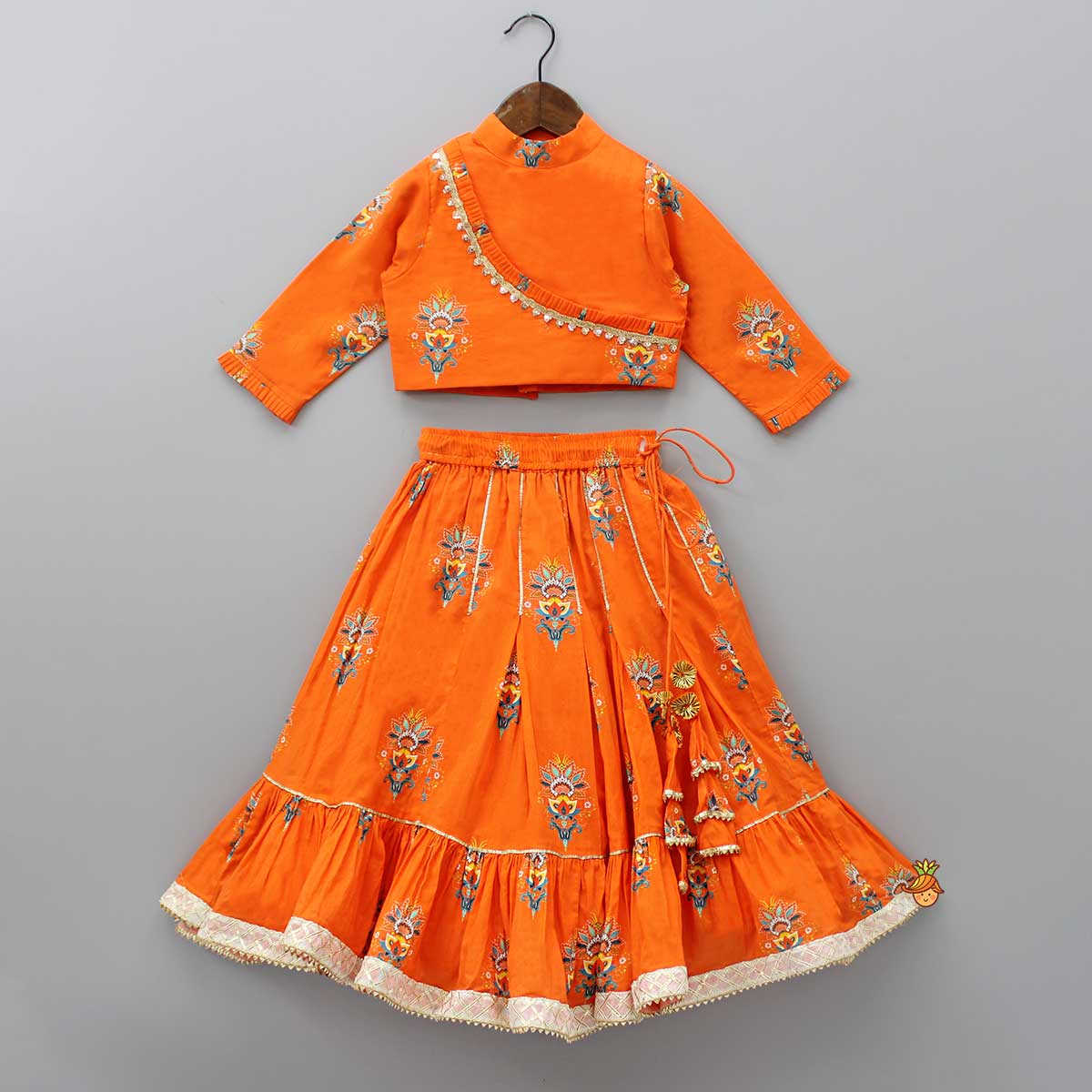 Pre Order: High Neck Orange Printed Top And Gota Flower Tassels Embellished Lehenga