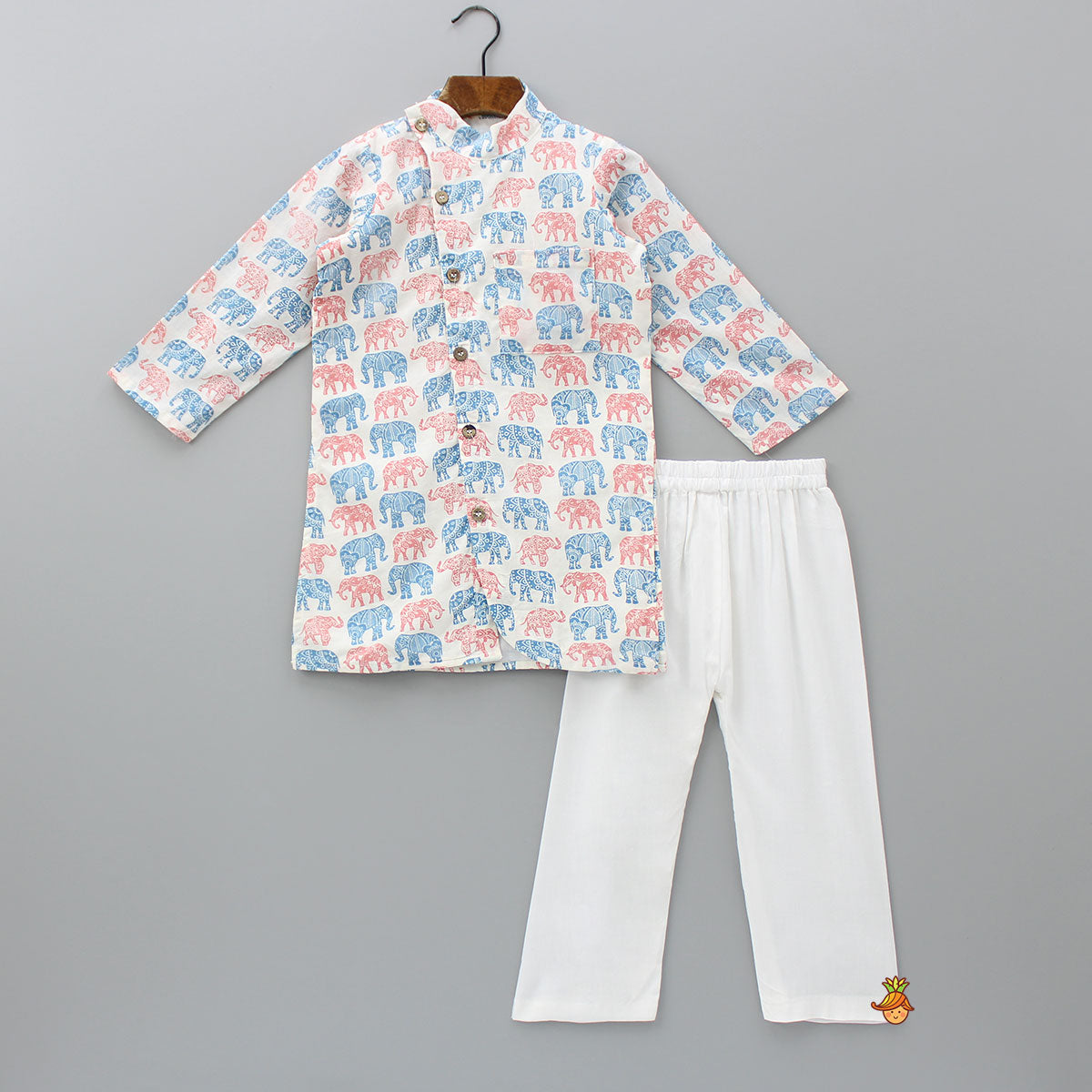 Pre Order: Elephant Printed Off White Kurta And Pyjama