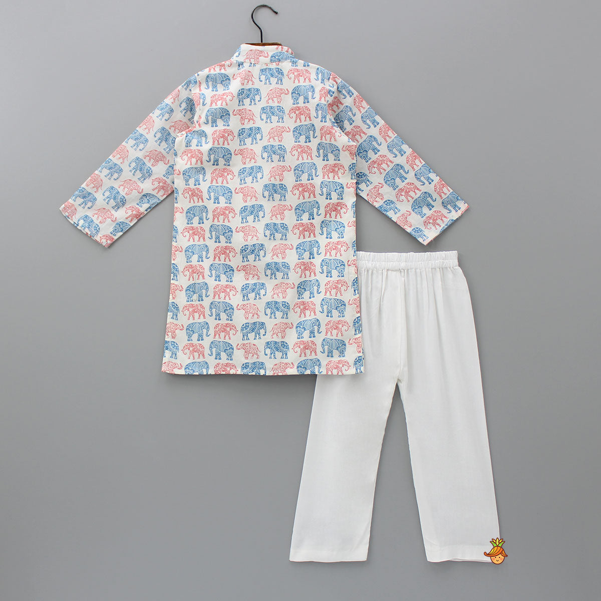 Pre Order: Elephant Printed Off White Kurta And Pyjama