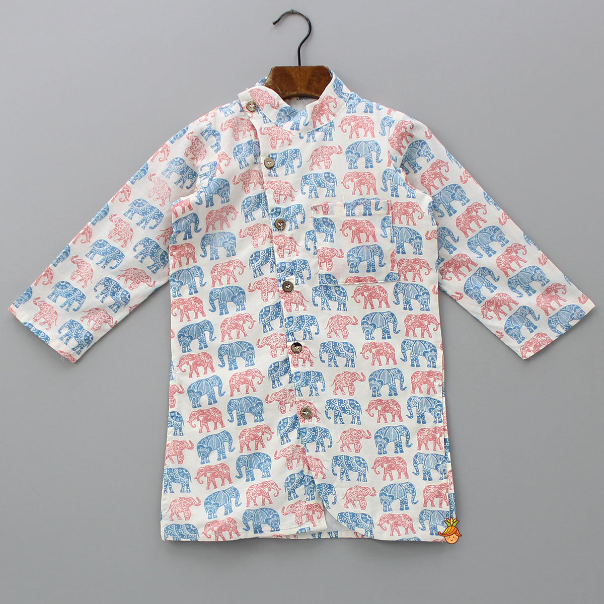 Pre Order: Elephant Printed Off White Kurta And Pyjama