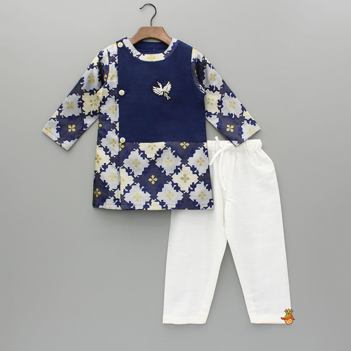 Pre Order: Bird Embroidered Front Open Navy Blue Kurta And Off White Pyjama