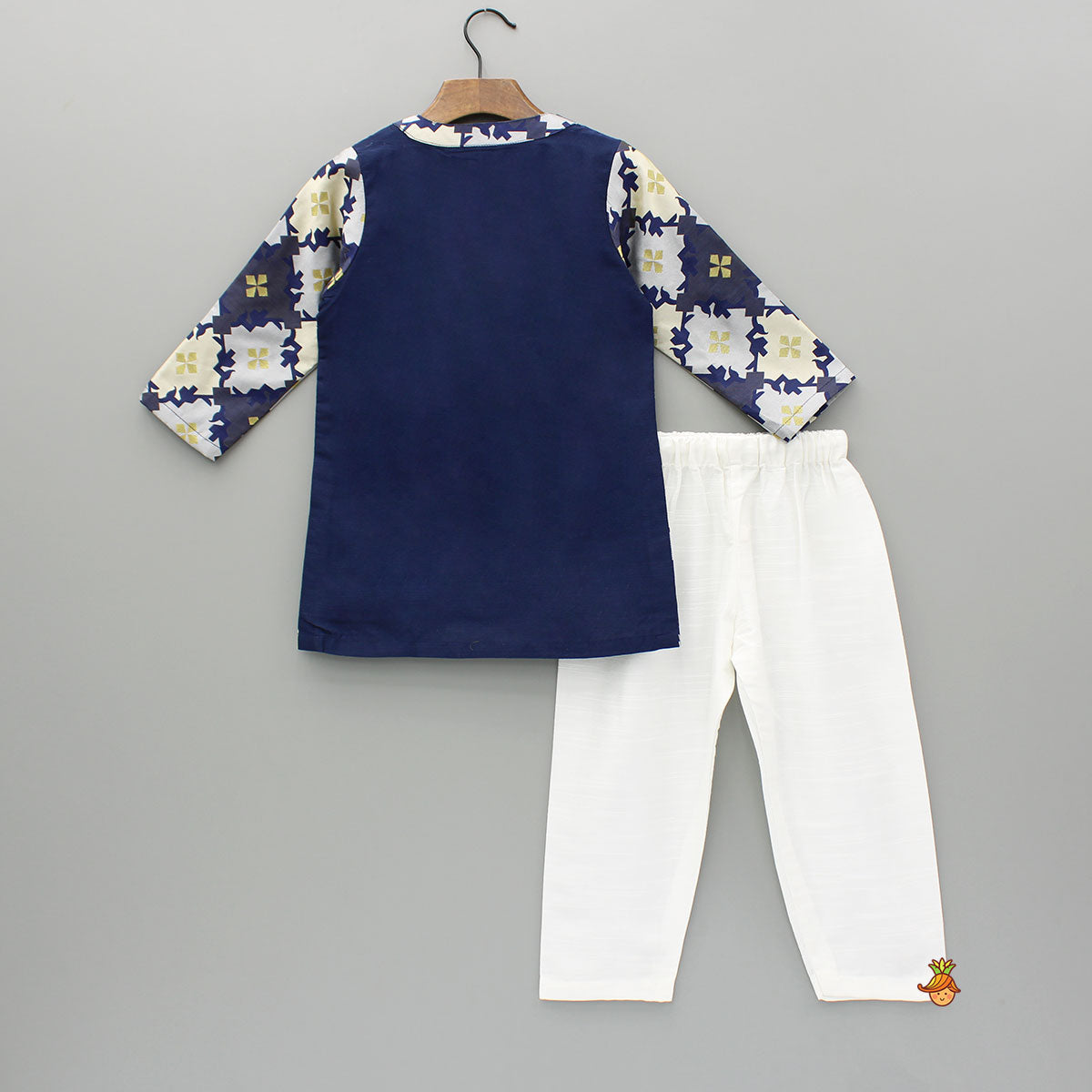 Pre Order: Bird Embroidered Front Open Navy Blue Kurta And Off White Pyjama