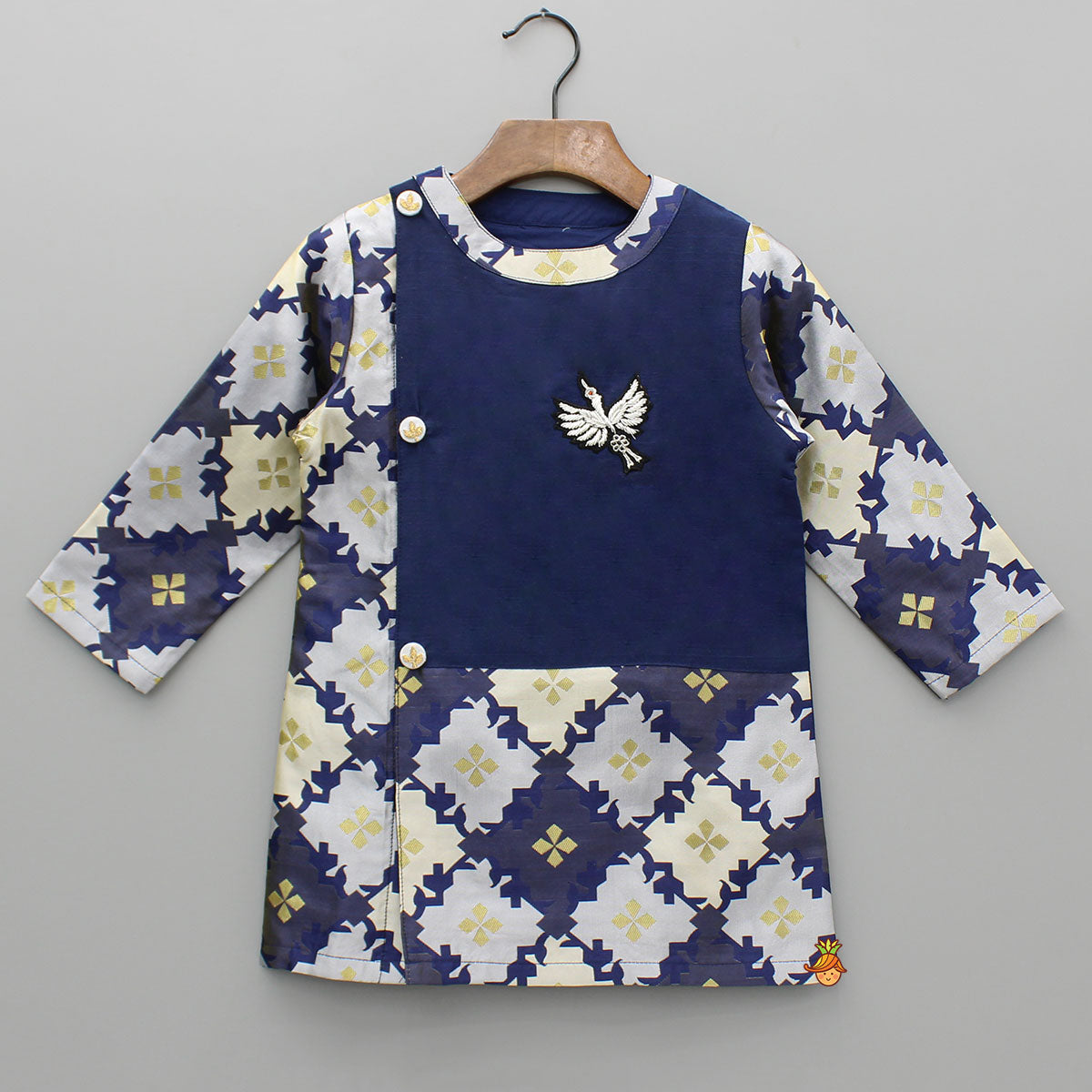 Pre Order: Bird Embroidered Front Open Navy Blue Kurta And Off White Pyjama