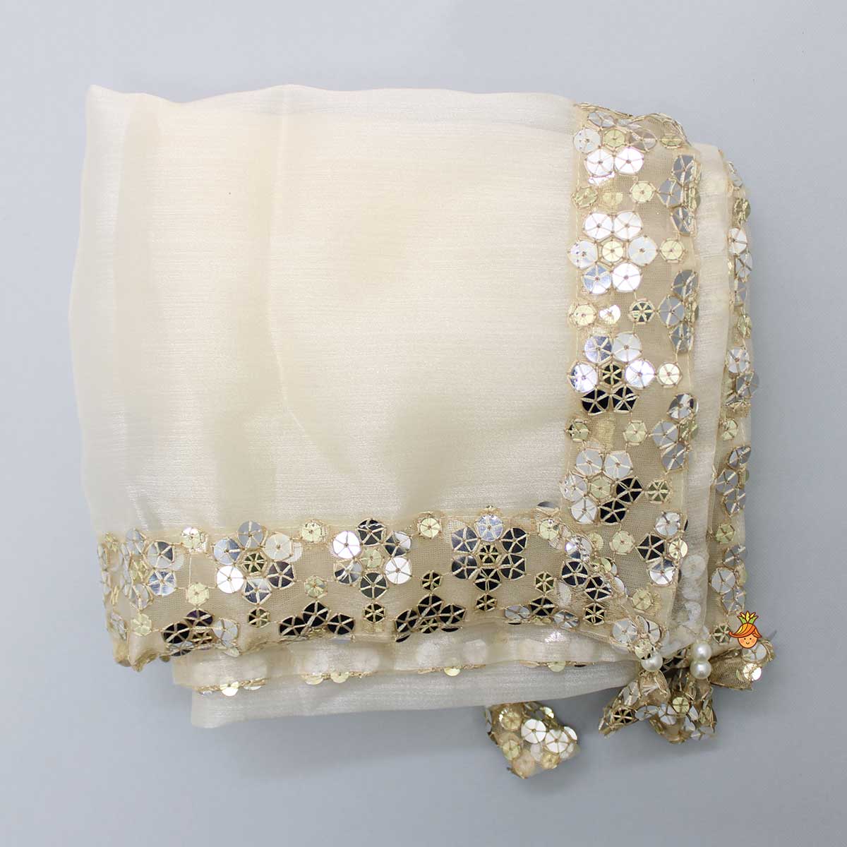 Pre Order: Charming Beige Organza Puffed Sleeves Sequined Top And Lehenga With Matching Dupatta