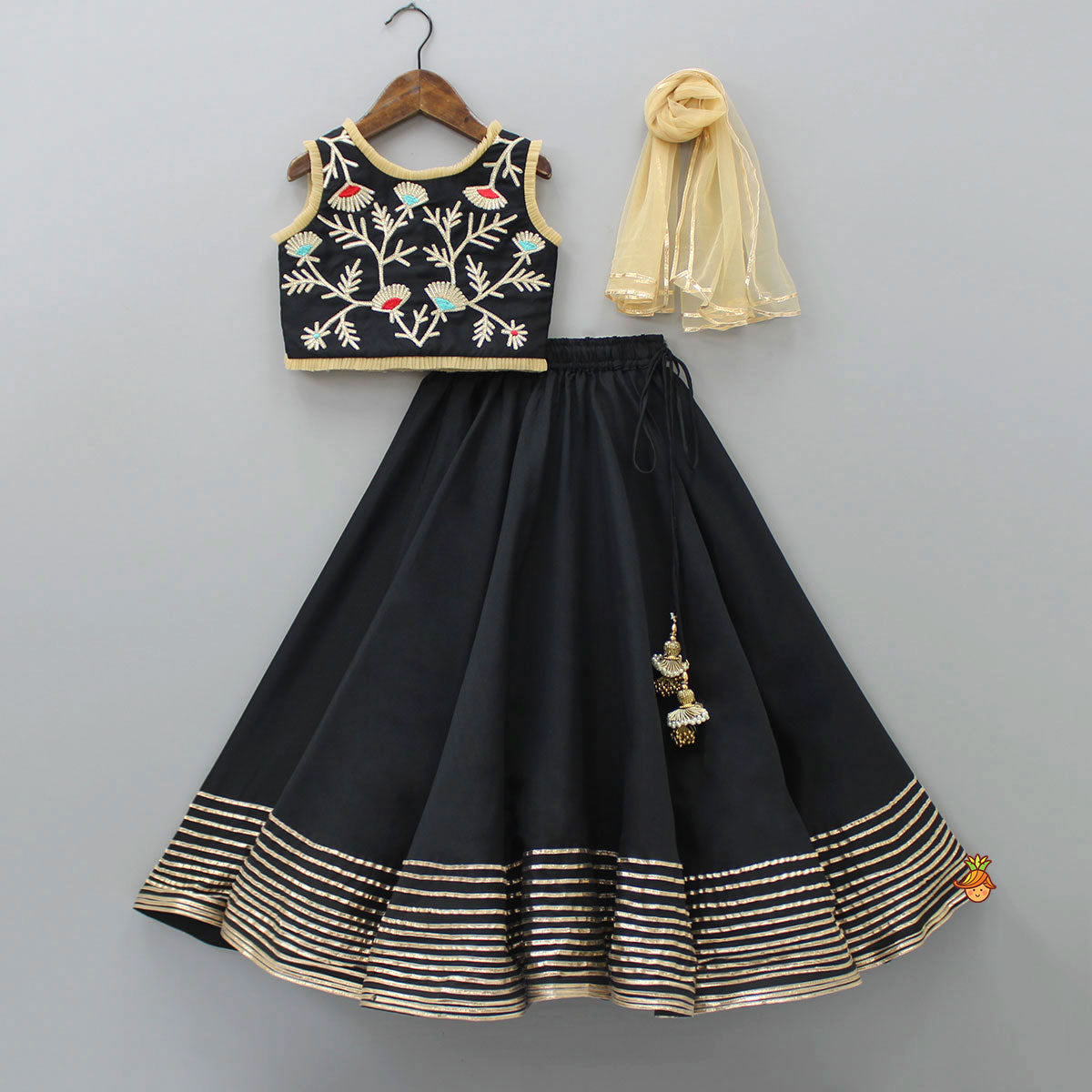 Pre Order: Elegant Pleated Black Top And Gota Lace Work Flared Lehenga With Beige Dupatta