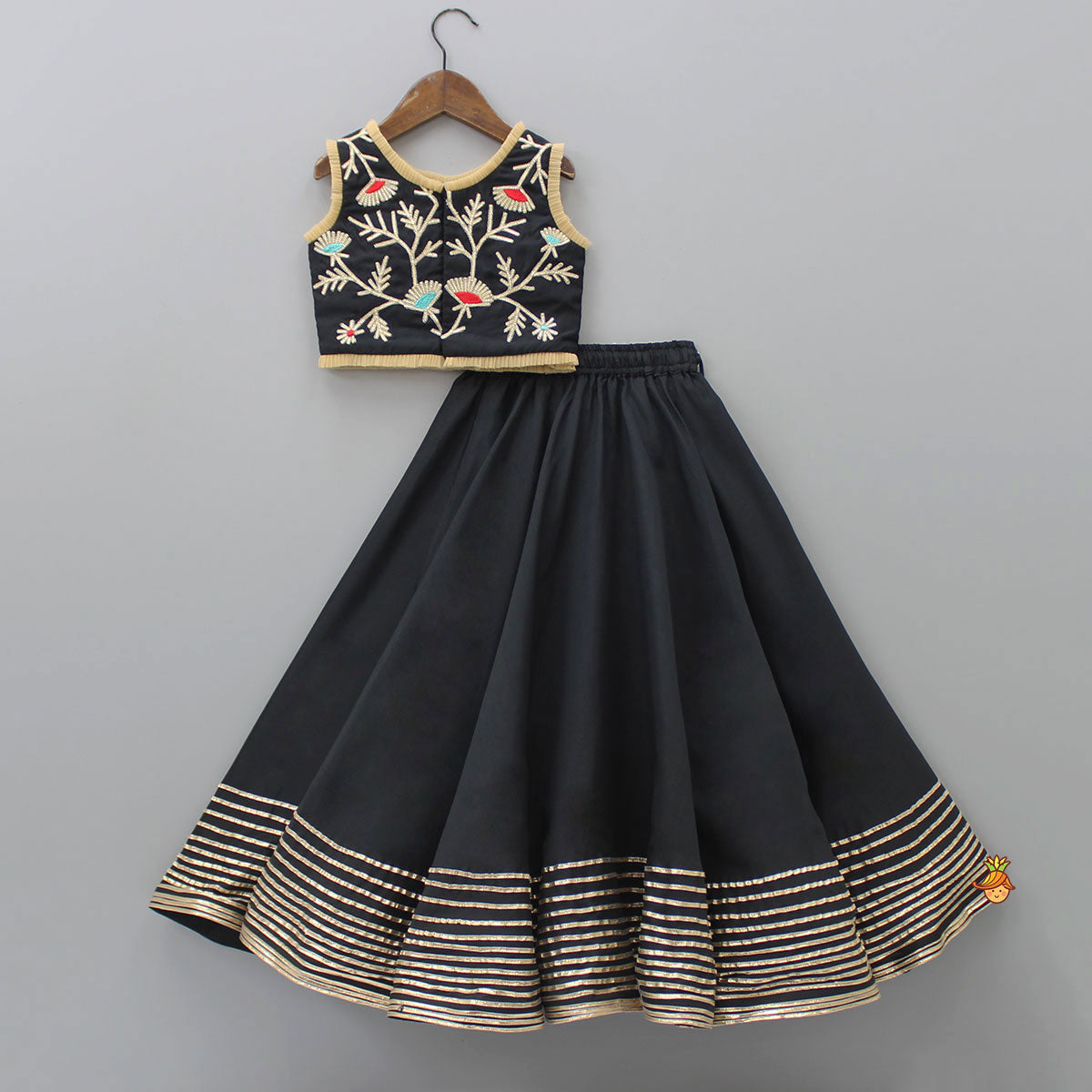 Pre Order: Elegant Pleated Black Top And Gota Lace Work Flared Lehenga With Beige Dupatta